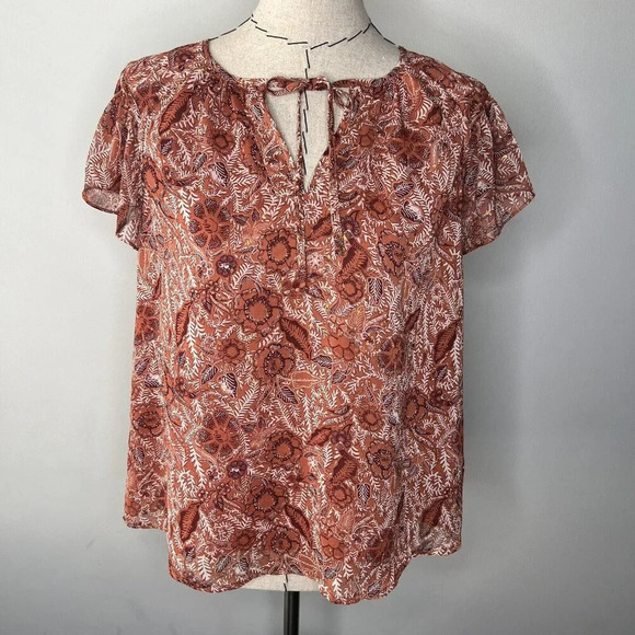 Joie Floral Rustic Orange Blouse Sz M Metallic Accent Threading Flowy Boho - Picture 1 of 9